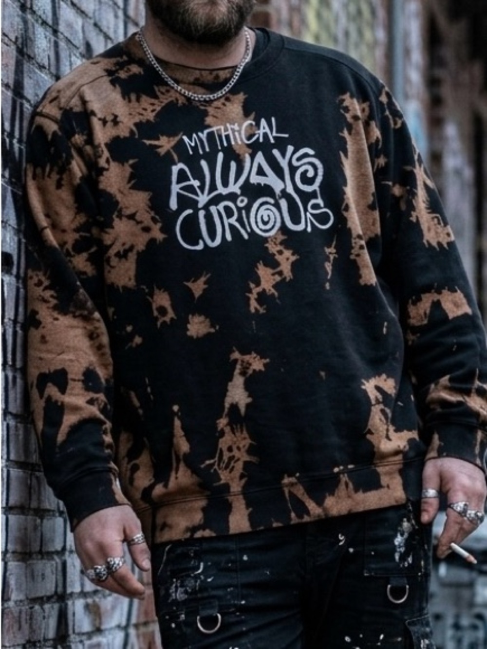 Mythical Always Curious Black & Brown Tie-Dye Sweatshirt. Streetwear Grunge Alt